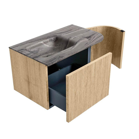 MONDIAZ KURVE-DLUX 75cm meuble de salle de bains arrondi droit couleur chêne avec 1 tiroir et 1 porte. Lavabo GRUNNE gauche 1 trou de robinet Sombra. SW1433529