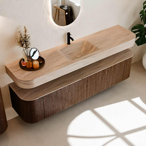 MONDIAZ THOR-DLUX 190cm meuble de salle de bains arrondi gauche + droite couleur Walnut avec 2 tiroirs et 2 portes. Vasque suspendue CLOUD Milieu 1 trou de robinet couleur Saba. SW1466652