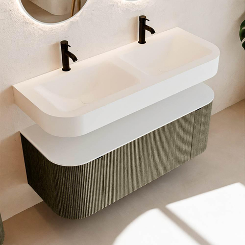 MONDIAZ THOR 120cm meuble de salle de bains arrondi gauche + droite couleur Shadow avec 1 tiroir et 2 portes. Vasque suspendue CLOUD Double 2 trous de robinet couleur Talc. SW1463145