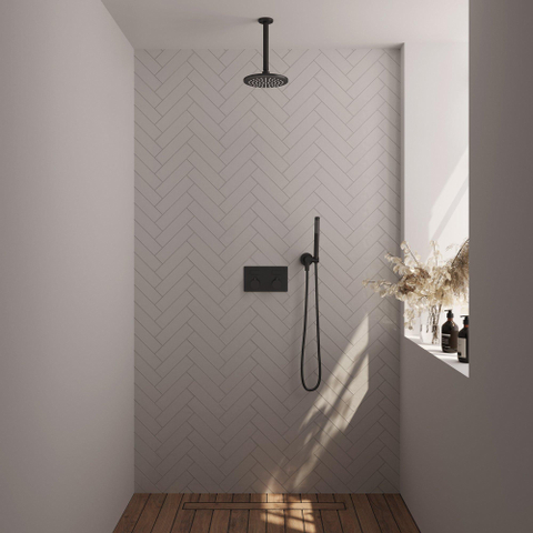 BRAUER Black Edition Douche de pluie thermostatique encastrée - boutons-poussoirs - SET 53 - douche de tête 20 cm - bras de plafond - douchette à main barre - flexible de douche - coude de raccordement mural - noir mat SW925421