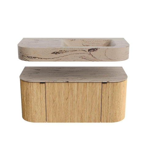 MONDIAZ THOR-DLUX 100cm meuble de salle de bains arrondi gauche + droite couleur Oak avec 1 tiroir et 2 portes. Vasque suspendue CLOUD droite 1 trou de robinet couleur Arena. SW1467445