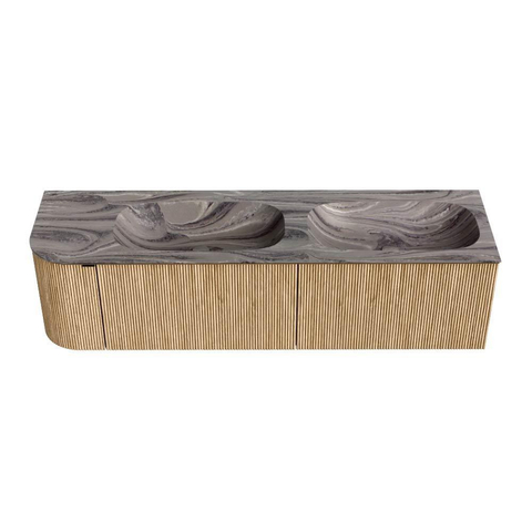 MONDIAZ KURVE-DLUX 165cm badmeubel ronding Links kleur Oak met 2 lades en 1 deur. Wastafel STOR SMALL Dubbel / Rechts zonder kraangat Sombra. SW1433608