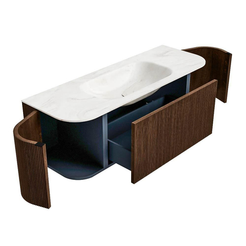 MONDIAZ KURVE-DLUX meuble de salle de bains 130 cm avec module 25 Len R couleur Walnut avec 1 tiroir et 2 portes. Lavabo BIG SMALL central 1 trou de robinet couleur Ostra. SW1122543