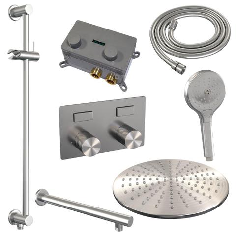 BRAUER Brushed Carving Thermostatische Regendouche inbouw - drukknoppen - SET 68 - 30cm hoofddouche - rechte muurarm - 3 standen handdouche - doucheslang - geïntegreerde glijstang - RVS geborsteld PVD SW925463