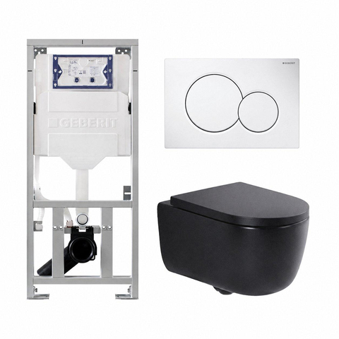QeramiQ Dely Swirl Pack WC - 36.5x53cm - réservoir encastré Geberit UP320 - 35mm Abattant WC - plaque de déclenchement sigma blanche - boutons ronds - noir mat SW1138622