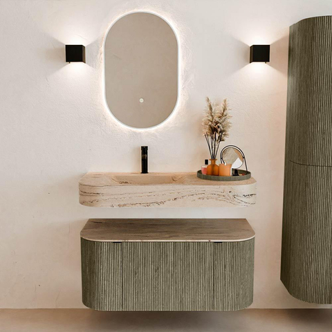 MONDIAZ THOR-DLUX 100cm meuble de salle de bains arrondi gauche + droite couleur Shadow avec 1 tiroir et 2 portes. Vasque suspendue CLOUD Gauche 1 trou de robinet couleur Arena. SW1467465