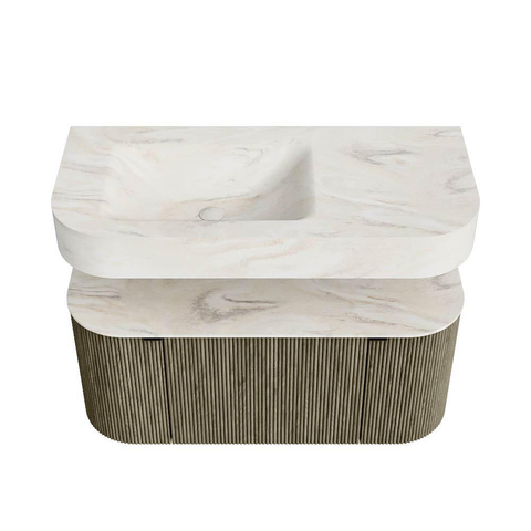 MONDIAZ THOR-DLUX 100cm meuble de salle de bains arrondi gauche + droite couleur Shadow avec 1 tiroir et 2 portes. Vasque suspendue CLOUD Gauche sans trou de robinet couleur Ostra. SW1467526