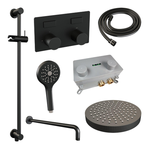 BRAUER Stripe Thermostatische Inbouw Regendouche - drukknoppen - SET 35 - 25cm douchekop - gebogen muurarm - 3-standen handdouche - doucheslang - geïntegreerde glijstang - mat zwart SW1435166