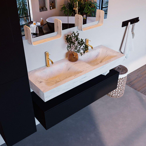 Mondiaz ALAN-DLUX Ensemble de meuble - 130cm - meuble Urban mat - 1 tiroir - Lavabo Cloud Opalo suspendu - vasque Gauche et droite - 2 trous de robinet SW806398