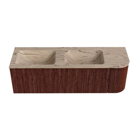 MONDIAZ KURVE-DLUX Meuble de salle de bains 145cm arrondi à droite couleur Ruby avec 1 tiroir et 1 porte. Lavabo LEAF Double / Gauche 2 trous de robinet Arena. SW1431548