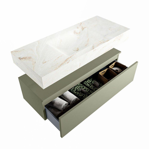 Mondiaz ALAN-DLUX Ensemble de meuble - 110cm - meuble Army mat - 1 tiroir - Lavabo Cloud Frappe suspendu - vasque Centre - 1 trou de robinet SW805486