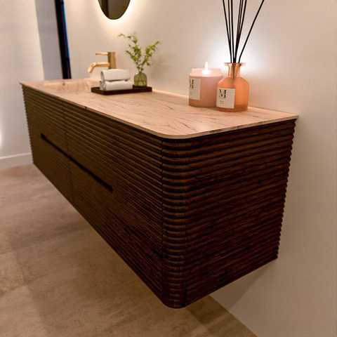 Mondiaz CIRO-DLUX Ensemble de meubles de salle de bains - 160x45x50cm - Plan-vasque solid surface Arena - 1 vasque à gauche - 1 trou de robinetterie - 4 tiroirs - Noyer SW1530446