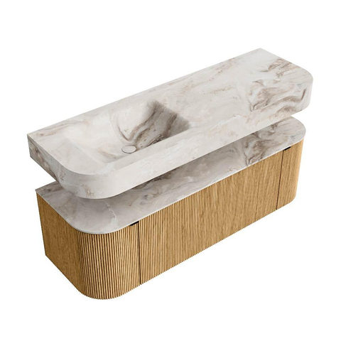 MONDIAZ THOR-DLUX Meuble de salle de bains 140cm arrondi gauche + droite couleur Oak avec 1 tiroir et 2 portes. Vasque suspendue CLOUD Gauche sans trou de robinet couleur Frappe. SW1467657