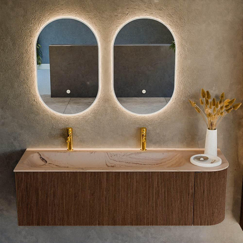 MONDIAZ KURVE-DLUX 145cm badmeubel ronding Rechts kleur Walnut met 1 lade en 1 deur. Wastafel BIG LARGE Links 2 kraangaten Arena. SW1431255