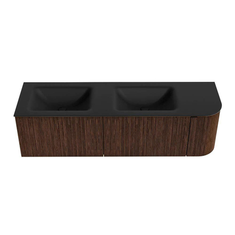 MONDIAZ KURVE 155cm badmeubel met module 25 R kleur Walnut met 2 lades en 1 deur. Wastafel CLOUD dubbel / links zonder kraangat Urban. SW1138519