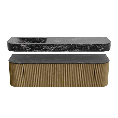 MONDIAZ THOR-DLUX 160cm meuble de salle de bains arrondi gauche + droite couleur Dusk avec 1 tiroir et 2 portes. Vasque suspendue CLOUD Gauche 1 trou de robinet couleur Lava. SW1465269