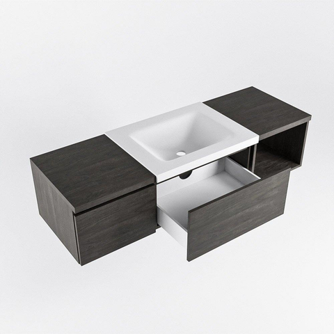 MONDIAZ BUKLA meuble de salle de bain 140 cm avec module ouvert 40 à droite couleur Marron Foncé avec 2 tiroirs. Lavabo CLOUD centre 1 trou de robinet couleur Talc. SW1381968