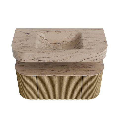 MONDIAZ THOR-DLUX 100cm meuble de salle de bains arrondi gauche + droite couleur Dusk avec 1 tiroir et 2 portes. Vasque suspendue CLOUD Milieu 1 trou de robinet couleur Arena. SW1467453