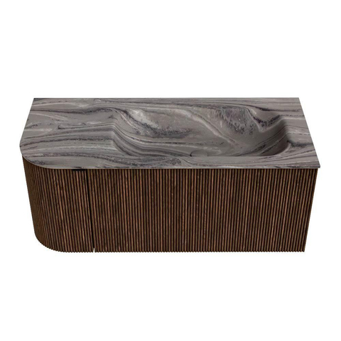 MONDIAZ KURVE-DLUX 105cm badmeubel ronding Links kleur Walnut met 1 lade en 1 deur. Wastafel BIG SMALL Rechts 1 kraangat Sombra. SW1433647