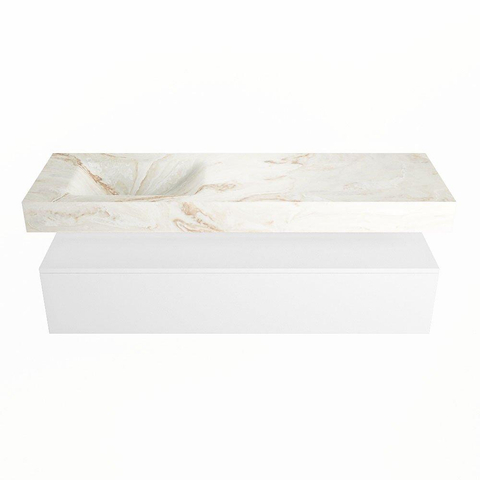Mondiaz ALAN-DLUX Ensemble de meuble - 150cm - meuble Talc mat - 1 tiroir - Lavabo Cloud Frappe suspendu - vasque Gauche - 1 trou de robinet SW804673