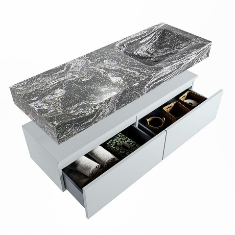 Mondiaz ALAN-DLUX Ensemble de meuble - 130cm - meuble Clay mat - 2 tiroirs - Lavabo Cloud Lava suspendu - vasque Droite - 0 trous de robinet SW808584