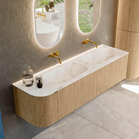 MONDIAZ KURVE-DLUX meuble de salle de bains 165 cm avec module 25 L couleur Oak avec 2 tiroirs et 1 porte. Lavabo STOR SMALL double / à droite sans trou de robinet couleur Frappe. SW1137463