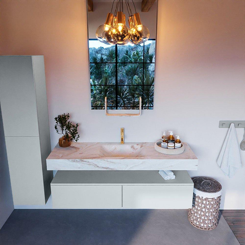 Mondiaz ALAN-DLUX Ensemble de meuble - 150cm - meuble Clay mat - 2 tiroirs - Lavabo Cloud Frappe suspendu - vasque Centre - 1 trou de robinet SW804840