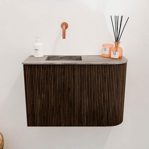 Mondiaz JOYA-DLUX 61.6cm toiletmeubel - ronding rechts kleur Walnut - Wastafel FAYE positie Links Zonder kraangat kleur Oza. SW1424601