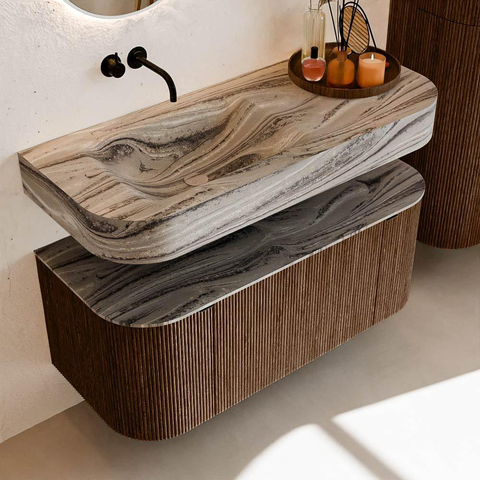 MONDIAZ THOR-DLUX Meuble de salle de bains 110cm arrondi gauche + droite couleur Walnut avec 1 tiroir et 2 portes. Vasque suspendue CLOUD Gauche sans trou de robinet couleur Sombra. SW1463008