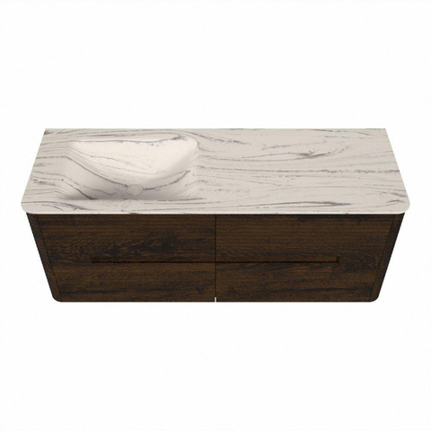 Mondiaz CIRO-DLUX Ensemble de meubles de salle de bains - 130x45x50cm - Plan-vasque solid surface Nata - 1 bassin à gauche - sans trous de robinet - 4 tiroirs - Noyer SW1530556