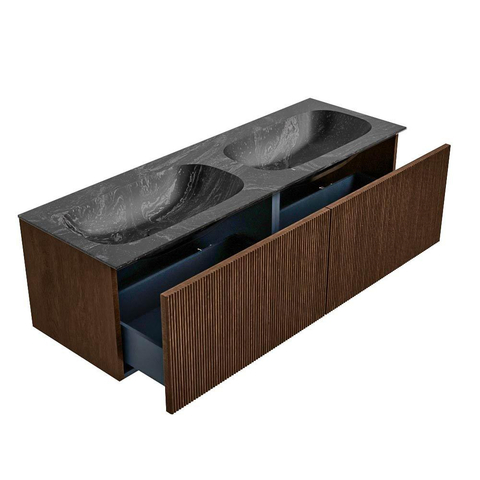 MONDIAZ KURVE-DLUX Meuble de salle de bains 140 cm couleur Walnut avec 2 tiroirs. Lavabo STOR SMALL double sans trou de robinet couleur Lava. SW1137282