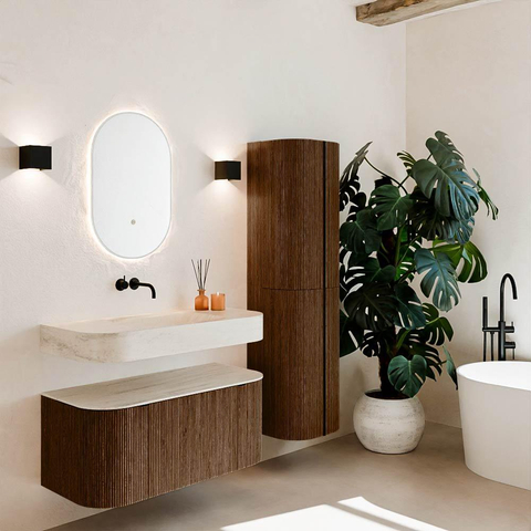 MONDIAZ THOR-DLUX 100cm meuble de salle de bains arrondi gauche + droite couleur Walnut avec 1 tiroir et 2 portes. Vasque suspendue CLOUD Milieu sans trou de robinet couleur Meli. SW1467472