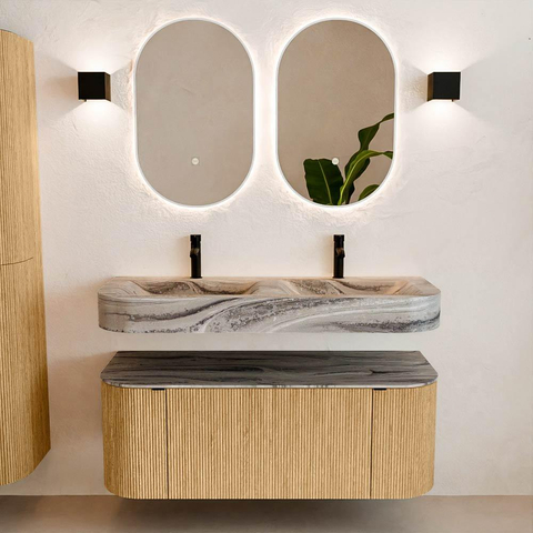 MONDIAZ THOR-DLUX 120cm badmeubel ronding links + rechts kleur Oak met 1 lade en 2 deuren. Vrijhangende wastafel CLOUD Dubbel 2 kraangaten kleur Sombra. SW1463640