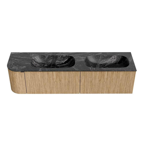 MONDIAZ KURVE-DLUX meuble de salle de bains 175cm avec module 25 L couleur Oak avec 2 tiroirs et 1 porte. Lavabo STOR SMALL double / droite sans trou de robinet couleur Lava. SW1137205