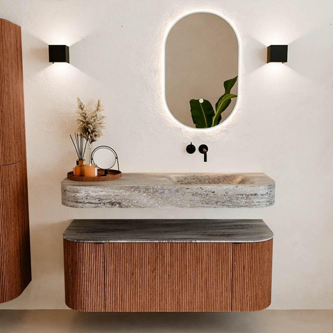 MONDIAZ THOR-DLUX 120cm badmeubel ronding links + rechts kleur Ruby met 1 lade en 2 deuren. Vrijhangende wastafel CLOUD Rechts zonder kraangat kleur Oza. SW1463470