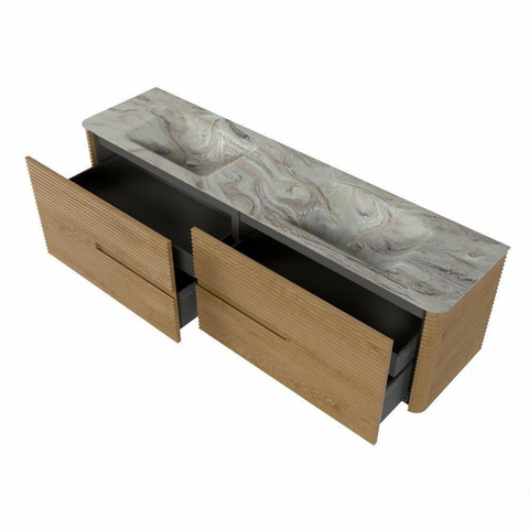 Mondiaz CIRO-DLUX Badkamermeubelset - 180x45x50cm - Solid surface wastafel Glace - 2 wasbak Dubbel - zonder kraangaten - 4 lades - Oak SW1530854
