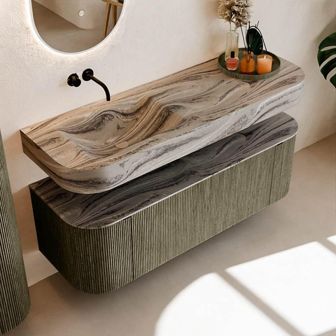 MONDIAZ THOR-DLUX 140cm meuble de salle de bains arrondi gauche + droite couleur Shadow avec 1 tiroir et 2 portes. Vasque suspendue CLOUD Gauche sans trou de robinet couleur Sombra. SW1464282