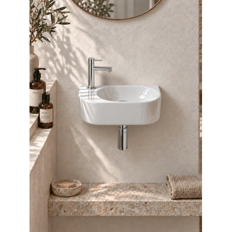 QeramiQ Fuente fonteinset – halfrond – 40x21.5x12 cm – keramiek wit glans – kraangat links – chromen kraan SW1232776