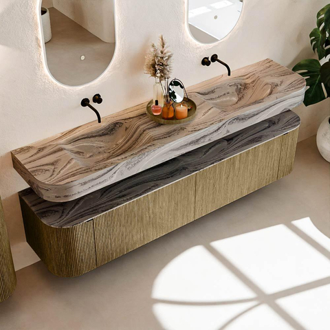 MONDIAZ THOR-DLUX 200cm meuble de salle de bains arrondi gauche + droite couleur Dusk avec 2 tiroirs et 2 portes. Vasque suspendue CLOUD Double sans trou de robinet couleur Sombra. SW1467279