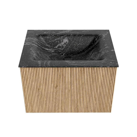 MONDIAZ KURVE-DLUX Meuble de salle de bains 60 cm couleur Oak avec 1 tiroir. Lavabo CLOUD central sans trou de robinet couleur Lava. SW1138098