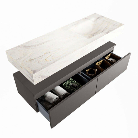 Mondiaz ALAN-DLUX Ensemble de meuble - 130cm - meuble Dark grey mat - 2 tiroirs - Lavabo Cloud Ostra suspendu - vasque Droite - 1 trou de robinet SW807075