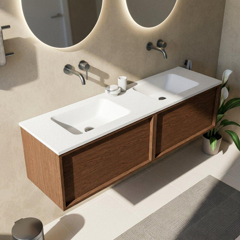 Saniclass Holz Frame Ensemble de meubles de salle de bains - 160x45x57.5cm - vasque Torino en solid surface blanche - sans trou de robinet - 2 tiroirs - noyer pure mat (bois) SW1478690