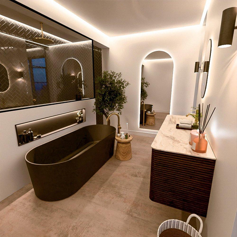 Mondiaz CIRO-DLUX Ensemble de meubles de salle de bains - 150x45x50cm - Lavabo solid surface Frappe - 1 vasque à gauche - 1 trou de robinet - 4 tiroirs - Noyer SW1530311