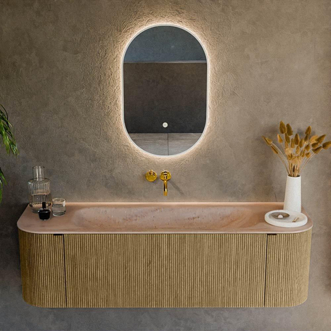 MONDIAZ KURVE-DLUX 150cm badmeubel ronding Links + Rechts kleur Dusk met 1 lade en 2 deuren. Wastafel BIG MEDIUM Midden zonder kraangat Saba. SW1433346