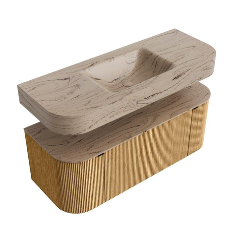 MONDIAZ THOR-DLUX 120cm badmeubel ronding links + rechts kleur Oak met 1 lade en 2 deuren. Vrijhangende wastafel CLOUD Midden zonder kraangat kleur Arena. SW1463412