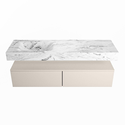 Mondiaz ALAN-DLUX Ensemble de meuble - 150cm - meuble Linen mat - 2 tiroirs - Lavabo Cloud Glace suspendu - vasque Gauche - 0 trous de robinet SW806037