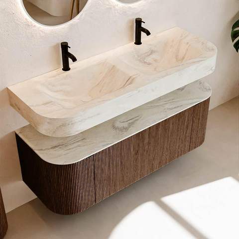 MONDIAZ THOR-DLUX 130cm meuble de salle de bains arrondi gauche + droite couleur Walnut avec 1 tiroir et 2 portes. Vasque suspendue CLOUD Double 2 trous de robinet couleur Ostra. SW1463601