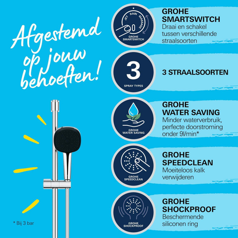 GROHE Vitalio Comfort 110 Ensemble barre de douche - 60cm - douchette à main carrée - 3 types de jets - flexible de douche lisse - chrome SW1028285