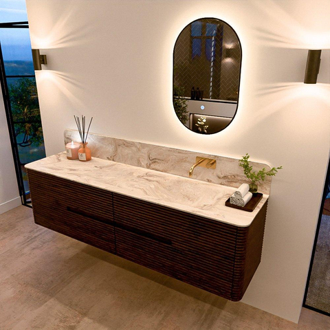 Mondiaz CIRO-DLUX Badkamermeubelset - 180x45x50cm - Solid surface wastafel Frappe - 1 wasbak Rechts - zonder kraangaten - 4 lades - Walnut SW1530221