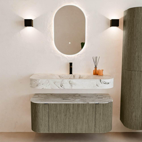 MONDIAZ THOR-DLUX Meuble de salle de bains 110cm arrondi gauche + droite couleur Shadow avec 1 tiroir et 2 portes. Vasque suspendue CLOUD Milieu 1 trou de robinet couleur Glace. SW1462873